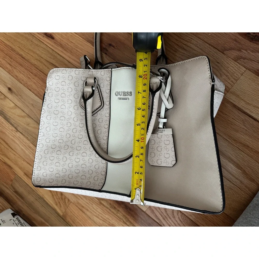Guess Los Angeles Monogram Logo Colorblock Satchel Handbag Cream Beige Crossbody